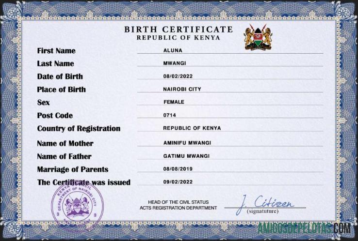 Imprimível modelo PSD de certidão de nascimento de registro vital do Quênia